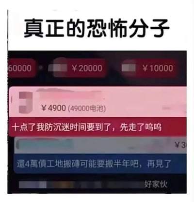 这是一张直播平台的聊天记录截图，顶部配文“真正的恐怖分子”，图中展示了多条用户消息与大额打赏记录：首先是多条高额打赏信息，其中一条为4900元兑换49000平台电池；随后有用户发言称“十点了我防沉迷时间要到了，先走了呜呜”，紧接着另一条消息表示“還4萬債工地搬磚可能要搬半年吧，再見了”，最后有旁观者发出“好家伙”的感慨。图中的核心反差感在于，刚完成大额打赏的用户因防沉迷系统限制要下线，而另一个用户却要为偿还债务去工地搬砖半年，这种网络消费的非理性与现实生活的窘迫形成强烈对比，被顶部的“真正的恐怖分子”调侃，讽刺了网络打赏中存在的荒诞现象，以及不同用户间的现实处境差距，带来荒诞又扎心的效果。