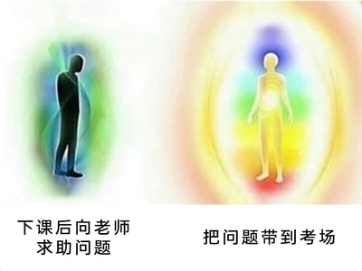 这是一张采用左右对比形式的校园主题梗图，左侧呈现的是一个低头垂肩的黑色剪影学生形象，周身只有淡绿与淡蓝色的微弱光晕，整体状态黯淡低落，下方配文“下课后向老师求助问题”，直观表现出该行为下的无精打采；右侧则是一个身形清晰、姿态舒展的明亮人物，周身环绕着从底部红色到顶部紫色的完整彩色光晕，视觉上充满“能量感”，下方配文“把问题带到考场”。图中用强烈的视觉反差进行反讽，调侃学生群体中把学习问题留到考场这种错误且被动的应对方式，看似“气场强大”实则是不负责任的学习态度，以此制造搞笑吐槽的效果。