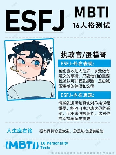 这是一张介绍MBTI16型人格中ESFJ类型的图文科普图，整体采用浅蓝底色，上方醒目标注“ESFJ”字样和“MBTI 16人格测试”标题。左侧是该人格对应的拟人卡通男性头像，角色有着深蓝色短发，面带微笑脸颊泛红，神态亲和。右侧内容依次标注该人格的别称“执政官/蛋糕哥”，分别介绍其外在表现：助人为乐，乐于做有意义的事，重视自身价值被认可，是忠诚奉献的伴侣与父母；内在表现：重视情感的透明真实，能够不受评判自由表达感受对其幸福感至关重要。底部列出该人格的人生座右铭“极有同情心受欢迎，总是热心提供帮助”，最下方附有MBTI官方标识和“结果纯属娱乐仅供参考”的提示。