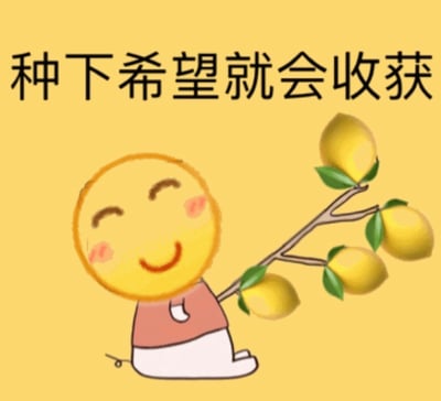 图片整体为黄色背景，上方有黑色文字“种下希望就会收获”。画面中央是一个卡通形象：圆形黄色脑袋，带着微笑表情，脸颊有红晕，身穿粉色上衣和白色裤子，正坐着手持一根长满黄色柠檬的树枝。整体风格可爱治愈，传递出积极向上的励志氛围。