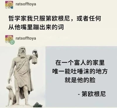 这是一张社交媒体截图，内容围绕古希腊哲学家第欧根尼展开。图片上方显示用户“ratsofftoya”的评论：“哲学家我只服第欧根尼，或者任何从他嘴里蹦出来的词”。左侧是第欧根尼的雕像照片，他手持灯笼，身旁有一只狗；右侧配有第欧根尼的经典语录：“在一个富人的家里唯一能吐唾沫的地方就是他的脸 - 第欧根尼”，展现了其愤世嫉俗、批判权贵的哲学思想。