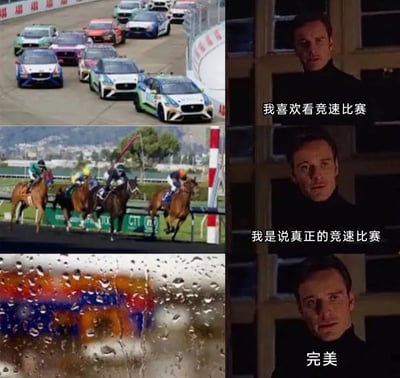 图片为多图拼接的连环梗图，左侧三行分别为汽车竞速比赛、赛马比赛、雨中模糊的高速赛车场景；右侧对应三行均为同一名男性角色，配文依次为“我喜欢看竞速比赛”“我是说真正的竞速比赛”“完美”。通过递进式对比，幽默表达对更刺激、更“真实”竞速比赛的偏好。
