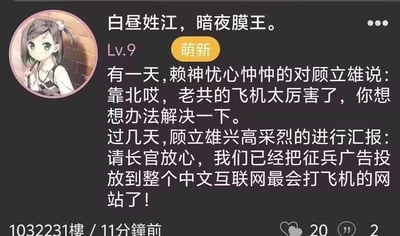 这是一张中文论坛的帖子截图，楼主ID为「白昼姓江，暗夜膜王」，等级Lv.9，带有「萌新」标签，发布了一则搞笑双关段子：赖神因对方飞机战力强劲而忧心忡忡，让顾立雄想办法解决，顾立雄随后兴高采烈地汇报，已将征兵广告投放到中文互联网最会「打飞机」的网站。此处「打飞机」是双关语，既指空战中打击飞机，也指代网络上的调侃说法，通过这种双关制造出荒诞搞笑的效果。帖子发布于1032231楼，发布11分钟后获得20个点赞与2条评论。