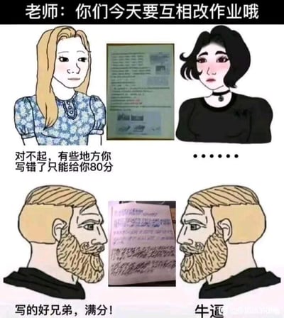 这是一张由上下两组场景构成的连环梗图，以老师要求学生互相改作业为背景：上方场景中，金发女生认真批改黑发女生的作业，作业页面有清晰的文字与批改痕迹，她严肃地表示“对不起，有些地方你写错了只能给你80分”，黑发女生则一脸委屈；下方场景里，两个络腮胡男生互相批改作业，作业页面写满了潦草到无法辨认的内容，其中一个男生却大方称赞“写的好兄弟，满分！”，另一个男生兴奋回应“牛逼”。图中通过强烈的反差，讽刺了同性好友之间“放水式”的宽松互评标准，与普通同学间相对认真的评判形成对比，以此制造搞笑效果，引发学生群体对类似校园经历的共鸣。