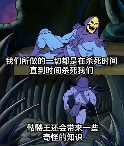 这是一张由上下两格组成的连环图，使用了《宇宙的巨人希曼》动画中的反派角色骷髅王的场景。上格中，骷髅王躺在洞穴地面上，露出黄色的骷髅笑脸，配文'我们所做的一切都是在杀死时间直到时间杀死我们'，展现出一种深沉的哲学思考。下格中，骷髅王手持权杖在洞穴中行走，配文'骷髅王还会带来一些奇怪的知识'，形成幽默反差。