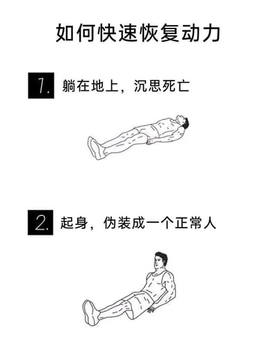 这是一张以“如何快速恢复动力”为主题的幽默自嘲梗图，采用图文混排的形式呈现两个步骤。第一步搭配一名男性平躺在地上的线稿插画，文字说明为“躺在地上，沉思死亡”，用夸张的方式描绘人在疲惫、失去动力时的放空与消极状态；第二步则是同一名男性半起身的线稿插画，文字说明为“起身，伪装成一个正常人”，精准戳中当代人在经历情绪低谷后，不得不强撑着回归正常生活与工作的无奈处境，通过黑色幽默的方式消解无力感，极易引发当代年轻人的情绪共鸣。