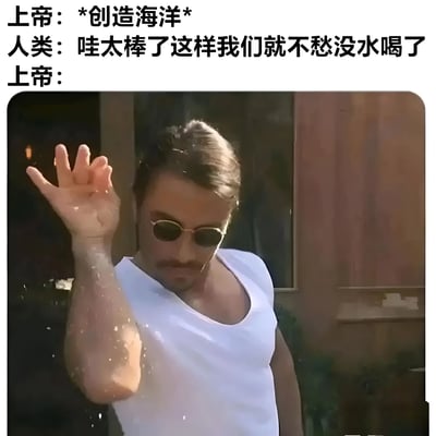 这是一张图文混排的搞笑梗图，上方文字构建了一个对话场景：上帝创造海洋后，人类兴奋地表示“这样我们就不愁没水喝了”，而上帝的回应则用下方图片呈现——一位穿着白色背心、戴着墨镜的男子，手臂上沾着水珠，正抬手做出类似“OK”或“就这样”的手势，表情自信中带着一丝调侃。图片通过人类对“海洋水可饮用”的误解制造幽默效果，暗讽人类对自然的简单化认知。