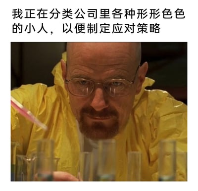 这是一张结合美剧《绝命毒师》经典场景制作的职场梗图，画面中是剧中主角沃尔特·怀特穿着标志性的黄色制毒防护服，专注地在实验台前进行操作，眼神锐利且带着一丝算计的笑意。图片上方配文“我正在分类公司里各种形形色色的小人，以便制定应对策略”，将职场中需要分辨不同类型同事、制定相处策略的行为，类比成剧中角色严谨制毒的研究过程，用黑色幽默的方式调侃了职场人际关系的复杂性，精准戳中职场人需要应对各类同事的共鸣点。
