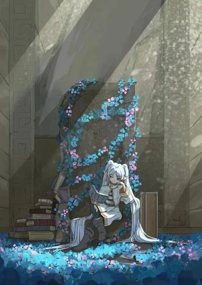 这是一幅细腻的ACGN同人插画，画面主体是《葬送的芙莉莲》中的精灵魔法师芙莉莲，她有着标志性的银白长发与尖耳，身着带有金色装饰的白色法师袍，正坐在铺满蓝紫色花朵的古老遗迹地面上，倚靠着爬满蓝紫色花藤的石制门扉，低头专注地阅读手中的书籍。芙莉莲身旁堆叠着一摞旧书籍，阳光透过遗迹的缝隙洒下，在墙面和地面形成斑驳的光影，整个场景静谧悠然，充满了治愈感，仿佛时间在这一刻悄然静止。