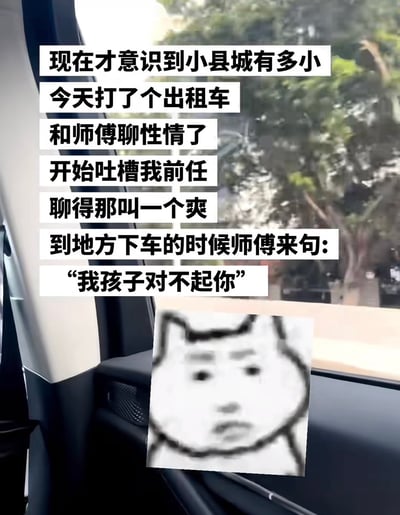 这张图以车内看向窗外街景的实拍画面为背景，上方叠加了白底黑字的段子文字，内容讲述当事人在小县城乘坐出租车时，和司机相谈甚欢，毫无顾忌地吐槽自己的前任，聊得十分畅快，结果下车时司机突然表示“我孩子对不起你”，当事人才反应过来司机就是前任的父亲；图片下方还搭配了一张表情呆滞、满脸错愕的手绘狗头表情包，生动还原了当事人得知真相后极度尴尬、社死当场的心情。