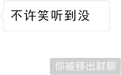图片为纯文字内容，上方有一个白色文字气泡，内写“不许笑听到没”，下方为灰色背景的系统提示文字“你被移出群聊”。通过严肃的命令与被移出群聊的结果形成反差，营造出幽默搞笑的效果。