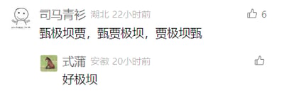 这是一张社交媒体评论区的截图，来自湖北的用户“司马青衫”发布评论“甄极坝贾，甄贾极坝，贾极坝甄”，通过替换同音字的方式，谐音改编了中文脏话“真几把假，真假几把，假几把真”，以此规避平台的敏感词审核；之后来自安徽的用户“式蒲”回复“好极坝”，同样是谐音“好几把”，属于网络社区中常见的低俗谐音玩梗行为，用看似正常的字词包装脏话，来制造趣味或表达情绪。
