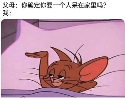 图片上方配有文字“父母：你确定你要一个人呆在家里吗？ 我：”，下方是动画《猫和老鼠》中的角色杰瑞躺在床上的截图。杰瑞面带微笑，一只手抬起，表情轻松得意，仿佛在内心欢呼终于可以独自享受自由时光，幽默展现了孩子面对父母询问时表面淡定实则暗爽的真实心理。