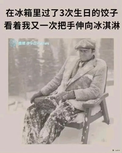 这是一张顶配底文的搞笑meme图，采用图文结合的形式呈现趣味内容。上方配文以拟人的视角，描述了被长期遗忘在冰箱里的饺子，已经度过了3次“生日”（指代被存放了很长时间，跨越了多个日期），却眼睁睁看着主人又一次选择冰淇淋而非自己的场景。下方的黑白照片中，一名男子坐在户外的椅子上，浑身落满积雪，神情落寞、姿态颓然，这个形象生动地具象化了被遗忘的饺子那种被忽视、无奈又低落的心情。该梗图贴合很多人都有将食物遗忘在冰箱角落的生活经历，用拟人化的手法和夸张的视觉画面制造出幽默效果，容易引发观者的共鸣与笑点。