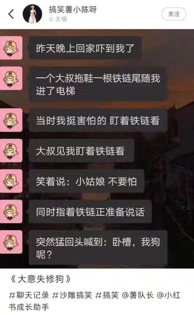 这是小红书用户“搞笑薯小陈呀”发布的一则搞笑段子，以模拟聊天记录的形式呈现：博主自述夜晚回家时，发现一位拖着铁链的大叔跟自己进了电梯，吓得紧盯铁链，大叔见状刚要安抚并解释铁链的由来，突然反应过来自己是出来遛狗的，却只拉着铁链，把狗弄丢了，随即大喊“卧槽，我狗呢？”。帖子最后用《大意失修狗》作为标题，是化用“大意失荆州”的谐音梗，“修狗”是网络上对小狗的可爱称呼，将大叔遛狗忘带狗的乌龙事件用谐音梗包装，制造出强烈的搞笑反差感，轻松逗乐读者。