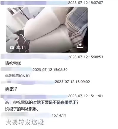 这是一段2023年7月12日的即时通讯软件聊天记录截图，上方附带一段14秒的视频片段。对话流程为：一方提出“请吃雪糕”，另一方先询问对方性别，在猜测是男性后，对方用“吃雪糕下面有棍子，没棍子的叫冰淇淋”的表述玩低俗内涵双关梗，将雪糕的棍子暗指男性特征，最后另一方表示要转发这段对话。
这段对话的核心是利用“雪糕棍子”做黄色玩笑式的双关，属于低俗的网络段子。