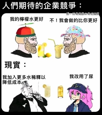 这张图片通过上下分区对比的形式，尖锐讽刺了理想与现实中企业竞争的巨大反差。上半部分是人们期待的良性企业竞争场景：两个商家专注于比拼产品品质，各自宣称自己的柠檬水制作得更好，展现出以提升产品质量为核心的正向竞争氛围；下半部分则是现实中的恶性竞争写照：一个资本家形象的角色为降低成本，选择大量加水稀释柠檬水来压缩成本，另一个戴FBI帽的粉发角色更是突破底线，用尿代替原料制作所谓的“柠檬水”，以极度夸张荒诞的情节，揭露部分企业为了在竞争中获利，不择手段降低成本、彻底放弃产品底线的乱象。
