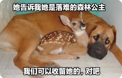 图片中一只棕色大狗侧躺在木地板上，身体蜷缩着，身旁依偎着一只带有白色斑点的小鹿。狗狗眼神温柔地望向镜头，小鹿则将头靠在狗狗身上，显得十分安详。图片上方配有文字“她告诉我她是落难的森林公主”，下方文字为“我们可以收留她的，对吧”，通过拟人化的手法将小鹿比作“落难的森林公主”，狗狗仿佛在向主人请求收留，营造出温馨又略带幽默的可爱场景。