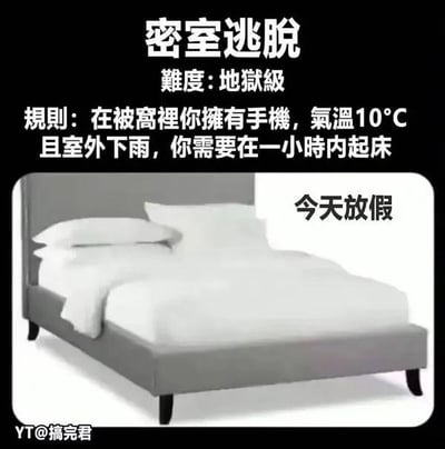 这是一张玩梗的图文类梗图，将普通人在特定场景下的起床行为包装成地狱级难度的密室逃脱挑战。图中设定的规则为：身处温暖被窝中、持有手机，室外气温10℃且正在下雨，同时当天是休息日，要求在一小时内起床。内容精准戳中了多数人在寒冷阴雨天的休息日不想起床的普遍心态，用夸张的“密室逃脱”形式来调侃这种起床的艰难程度，引发大众共鸣，图中没有双关、谐音梗或暗示内容。