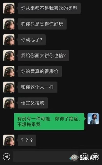 这是一张来自Soul APP的聊天记录截图，对话中女生连续发送多条扎心消息，直白地拒绝并贬低对方，称对方不是自己喜欢的类型，只是觉得好玩才钓对方，还嘲讽对方相信自己画的大饼，认为对方的爱和人一样廉价拉胯。而男生没有被负面情绪影响，反而开启了偶像剧式的离谱脑补，回复女生“有没有一种可能，你得了绝症，不想拖累我”，最后女生回复三个问号，表现出满脸疑惑。整个对话通过强烈的反差感制造出搞笑效果，将原本扎心的拒绝场景转化为荒诞的狗血戏码，充满了喜剧色彩。
