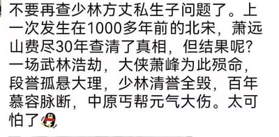 这是一张文字梗图，以幽默夸张的方式警告不要追查少林方丈私生子问题，将其与金庸武侠小说《天龙八部》中的情节联系起来，称上次类似事件（萧远山追查真相）导致了武林浩劫，包括萧峰殒命、段誉孤悬大理、少林清誉受损等严重后果。图片底部有一个QQ企鹅表情，增强了幽默效果。