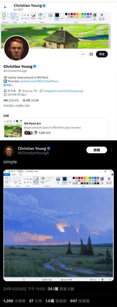 图片展示了艺术家Christian Young的社交媒体个人主页截图，包含其个人信息及两幅用MS Paint创作的风景画。主页显示他是来自田纳西州士麦那的白人艺术家，2015年加入平台，拥有14.4万关注者。首条帖子分享了标题为“MS Paint Art”的乡村小屋风景画，配文“Share artwork done in MS Paint (very version)”并获得1321次点赞；第二条帖子以“simple”为文字内容，展示了一幅包含日落、河流、树木和草地的风景画，发布于2024年4月4日23:02，获得1289次转推、1.6万点赞。整体呈现了用简易绘图工具MS Paint创作出的高质量艺术作品，形成工具简陋与成果精美的强烈反差。