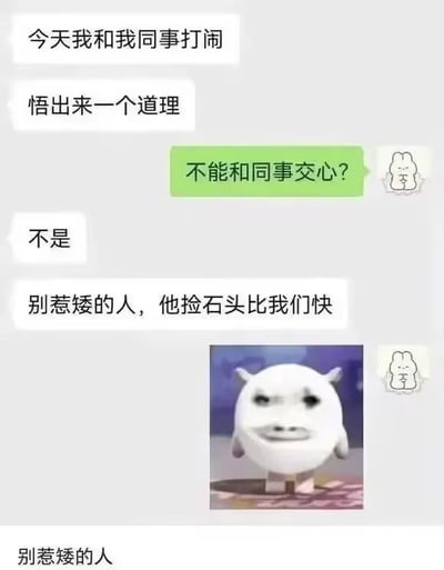 这是一张聊天记录类搞笑梗图，整体为微信风格的聊天界面：对话一方先说自己和同事打闹后悟出了一个道理，另一方按照常规职场认知猜测道理是“不能和同事交心”，但前者给出的答案完全出人意料，是“别惹矮的人，他捡石头比我们快”，对话末尾还搭配了一张表情贱欠的白色卡通小怪物改脸表情包，图片最底部还有一行重复的文字“别惹矮的人”，整体通过打破常规预期的反差感制造搞笑效果，用无厘头的玩梗消解了严肃的职场话题预期。