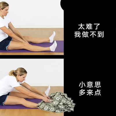 这是一张上下分栏的对比类搞笑梗图，上图展示一位穿着运动装的女性在瑜伽垫上做坐姿体前屈拉伸，她只能碰到自己的膝盖，配文“太难了 我做不到”，传递出对这项动作的抗拒与无力感；下图中，同样的女性在脚前放置了一大堆美元钞票，她轻松地向前俯身够到了钞票，配文“小意思 多来点”，通过强烈的场景反差，夸张地表现出金钱对人的行动力的巨大激励作用，调侃了人们在利益驱动下会突破自身极限的普遍心理，引发观者共鸣。