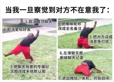这是一张由三张实拍图拼接而成的搞笑梗图，顶部居中配有大字号标题“当我一旦察觉到对方不在意我了：”，图中主体是一名穿黑上衣红短裤的黑人男子，三张图分别呈现他身体向后仰、跪坐在草地上高举双手、最终整个人扑倒在草地上的连贯摔倒动作，对应标注的7个递进的操作步骤，用夸张的摔倒动作具象化了人们在友情、暧昧关系或恋爱中感知到自己不被对方重视后，难过又别扭地主动切断联系、封闭自我的心态，代入感强，风格诙谐。