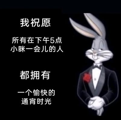 这是一张充满生活调侃意味的图文混排梗图，画面右侧是身着黑色礼服、别着红玫瑰、双手交握放在身前的兔八哥，它面带微笑，姿态正式却表情略带戏谑；左侧配文以正式祝福的语气，说出反向的“祝愿”——“我祝愿所有在下午5点小眯一会儿的人都拥有一个愉快的通宵时光”，精准吐槽了下午5点小睡后往往会作息颠倒、直接开启通宵的真实生活场景，用反差感制造出幽默效果，戳中了很多人作息混乱的日常痛点。