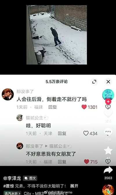 这张图上方为一段监控录像截图，显示一人在积雪的巷道上倒着走，下面配有评论区的搞笑互动。“人会往后滑，倒着走不就行了嘛”引发点赞，网友回评“好聪明”，接着第一人回复“不好意思我有女朋友了”形成网络常见“被表白-礼貌拒绝”梗。在雪地防滑场景下脑洞大开的机智建议和幽默的“错位对话”结合，营造了轻松搞笑氛围。

注意：最后一句评论其实是一种“错位搭话”梗，将“好聪明”当成了“表白”，属于网络流行的幽默套路，带有轻微谐音/双关的意味。