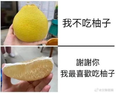 这是一张上下分栏的对比式梗图，上半部分展示了一只手拿着一个完整的黄色柚子，旁边配文“我不吃柚子”，表现出对未处理的完整柚子的拒绝态度；下半部分则是一只手拿着一瓣剥好的柚子果肉，旁边配文“谢谢你 我最喜欢吃柚子”，呈现出看到处理好的果肉后态度的180度转变。这张图精准捕捉了很多人“嫌处理水果麻烦，但又爱吃现成果肉”的日常小习性，用幽默的方式展现了生活中的“真香”时刻，容易引发大众共鸣。