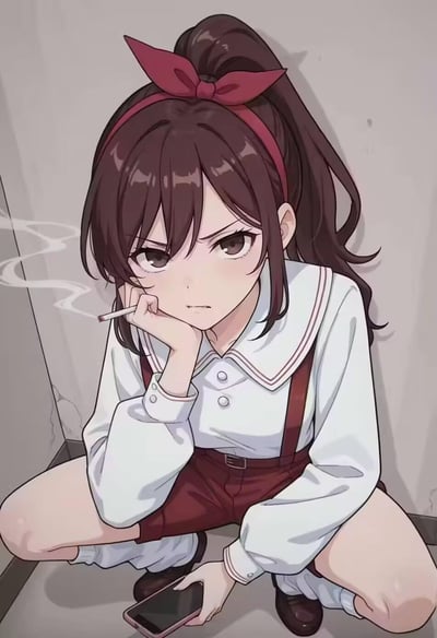 图中是一位动漫风格的少女，她有着深棕色的长发，扎成马尾辫，头上戴着红色蝴蝶结发箍。少女穿着白色水手服上衣和红色背带短裤，正蹲坐在地上，一手撑着脸颊，嘴里叼着一根香烟，烟雾正从烟头飘散开来。她的另一只手拿着一部智能手机放在地上，表情冷峻，眼神中带着一丝不耐烦或思考的神情。背景是简单的灰色墙壁，整个画面采用了典型的二次元插画风格。