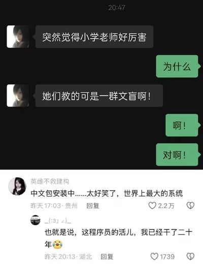 这张图片分为上下两部分，上半部分是暗黑模式的即时通讯聊天记录：左侧用户首先感慨小学老师很厉害，右侧用户询问原因后，左侧用户给出夸张回答称小学老师教的是一群文盲，右侧用户先是惊讶随即表示认同。下半部分是该聊天截图被分享到社交平台后的评论区内容，第一条评论将低龄儿童学习知识的过程调侃为中文包安装，称其是世界上最大的系统，获2.2万点赞；第二条评论玩梗呼应前文，称自己学习知识的过程相当于干了二十年程序员的活并搭配哭笑表情，获1739点赞，整体内容用夸张类比的方式制造笑点，趣味十足。