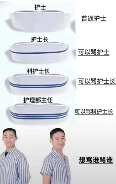 这是一张通过层级对比制造笑点的搞笑梗图，整体分为上下两部分：上方依次展示了医院不同职级护士的护士帽及对应权限说明，普通护士的无条带护士帽对应文字“普通护士”，护士长的单条带护士帽对应文字“可以骂护士”，科护士长的双条带护士帽对应文字“可以骂护士长”，护理部主任的三条带护士帽对应文字“可以骂科护士长”，呈现出清晰的职级压制关系；最下方是两位穿着蓝白条纹病号服的男性，配文“想骂谁骂谁”。这张图打破了常规的职场层级逻辑，利用大众对精神病人在医院里不受常规规则约束的刻板印象，制造出荒诞的反差感，用夸张的方式调侃职场层级带来的压力，传递出一种打破层级束缚的搞笑愿景。