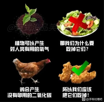 这是一张采用左右上下对比布局的静态图文梗图，整体以黑色为背景，分为四个区域：左上区域展示了一株带泥土的幼苗，配文“植物可以产生对人类有用的氧气”；右上区域是一盘蔬菜沙拉，配文“那我们为什么要吃掉它们？”并标注红色叉号，表示否定；左下区域是一只活的母鸡，配文“鸡会产生没有卵用的二氧化碳”，其中“卵用”是谐音“乱用”的谐音梗，用低俗谐音强化搞笑效果；右下区域是几块炸鸡肉，配文“所以我们应该把它们吃掉！”并标注绿色对勾，表示肯定。这张图通过完全反常识的歪逻辑，调侃了偏爱肉类、抗拒蔬菜的吃货心态，用荒诞的理由为爱吃炸鸡等肉类找借口，充满无厘头的搞笑趣味。