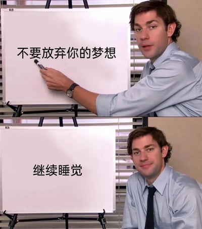 这是一张上下对比的梗图，使用了美国电视剧《办公室》(The Office)的场景。上半部分中，Jim穿着衬衫，手持马克笔在白板上写下励志文字“不要放弃你的梦想”，表情严肃认真；下半部分则展示他坐在白板前，白板上的文字变成了“继续睡觉”，他露出了满足的微笑。通过这种强烈的反差制造幽默效果，讽刺了人们常常在励志口号和现实惰性之间的矛盾心态。