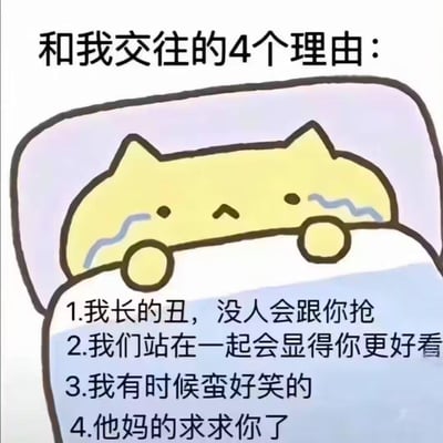 这是一张图文混排的搞笑梗图，画面主体是一只趴在被窝里、皱着眉头流眼泪的黄色卡通猫，上方配有标题“和我交往的4个理由”，下方列出四个充满自黑与反差感的理由：1.我长的丑，没人会跟你抢；2.我们站在一起会显得你更好看；3.我有时候蛮好笑的；4.他妈的求求你了。前三个理由以自黑的方式强行制造“交往优势”，最后一个理由直接破防式哀求，形成强烈的搞笑反差，搭配委屈哭泣的猫咪形象，精准贴合当代年轻人自嘲式求爱、整活玩梗的情绪，图中没有双关、谐音梗或暗示内容。