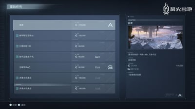 这是FromSoftware开发的机甲动作游戏《装甲核心6：境界天火》的重玩任务界面截图，左侧为可重玩任务列表，包含「偷渡」「破坏移设型炮台」「扫荡网格135」等多个任务，每个任务标注了对应的COAM报酬金额，部分任务还显示了完成评价等级（如「偷渡」为A级，「击破测试AC」为S级）；右侧是选中的「偷渡」任务详情区域，展示了任务所属章节为第一章，任务地点是「裴里斯南部 - 网格135 / 污染市区」，任务目标为「回收资料」，报酬为170000COAM，同时配有该任务的雪山工业场景预览图。界面右上角带有「篝火营地」的媒体水印，底部有操作提示「×:决定 ○:返回」。