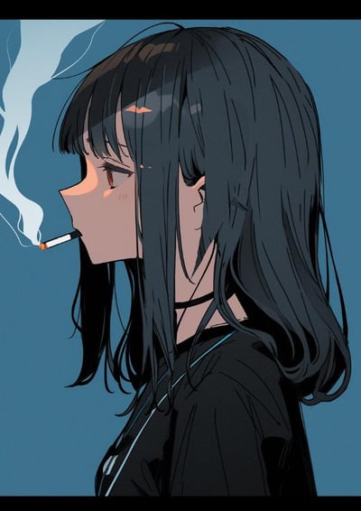 一幅动漫风格插画，描绘了一位侧颜的黑发少女。她有着齐刘海和及肩长发，眼睛微红，脸上带着淡淡的红晕，正叼着一根点燃的香烟，白色的烟雾从她嘴边缭绕升起。少女穿着黑色的衣服，脖子上戴着黑色项圈，背景是纯蓝色，整体画面呈现出一种忧郁而略带叛逆的氛围。