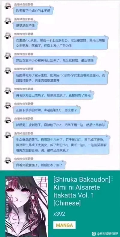 这是一张聊天记录截图，展示了用户分享的一个离谱且令人不适的漫画剧情。内容包含大量暴力、性暴力和极端情节描述，包括怀孕女性被殴打、自杀等令人不安的内容。截图下方还附有一张漫画封面图片，显示了一位红眼睛的动漫女性角色。