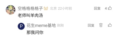 这是一张社交平台评论区的截图，呈现了两位用户的互动对话片段。第一条评论来自用户“空格格格格子”，其定位显示为北京，发布于22小时前，内容为“老师叫羊肉汤”，该评论获得了4个点赞，头像为色彩丰富的合成类图像。第二条评论来自用户“花生meme基地”，发布时间显示为“刚刚”，内容为“那我问你”，该评论下方配有回复、删除和点赞按钮，推测是评论发起者在承接上一条评论的内容，开启后续的提问互动，整体是一段未完成的趣味闲聊对话。