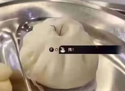 图片中展示了一个放在不锈钢碗中的白色包子，包子顶部被画上了两道黑色线条，形似眉毛，赋予其拟人化的表情。画面下方有一行黑色背景的白色文字‘拽!’，左侧配有‘F’字母和一个卡通兔子图标。整体通过给食物添加表情和文字，营造出幽默俏皮的效果，仿佛包子在做出‘拽’（傲慢、酷）的神态。