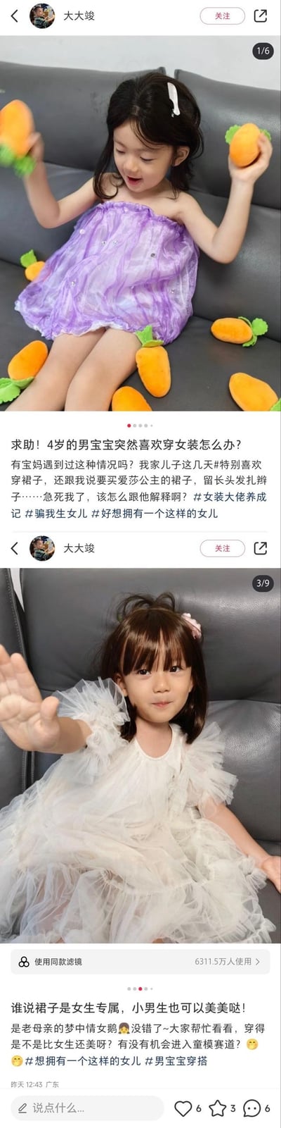 这是小红书用户「大大竣」的两条动态截图，第一条动态中，用户晒出穿着紫色抹胸裙、把玩胡萝卜毛绒玩偶的4岁儿子，配文求助称自家男宝突然喜欢穿女装，想要爱莎公主裙、留长发扎辫子，自己十分焦急不知道如何引导；第二条动态里，用户晒出儿子戴着假发、穿白色纱裙的照片，配文态度反转，调侃“谁说裙子是女生专属，小男生也可以美美哒”，还戏称这是自己的“梦中情鹅”，询问孩子有没有进入童模赛道的可能。两条动态的反差感拉满，展现了家长从焦虑到接受甚至觉得孩子可爱的心态，充满生活趣味。
