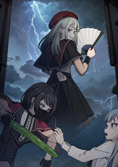 这是一幅二次元风格插画，背景是电闪雷鸣的雨夜，画面里三位少女呈现出紧张的对峙感：站在后方的银发贝雷帽少女手持折扇，回头露出狡黠的微笑；前方左侧的黑发蒙面少女握着绿色长棍，眼神锐利；右侧的浅发少女面露惊恐，伸手似乎在阻拦。整体氛围紧张又充满戏剧性，画面中没有双关或谐音梗内容。