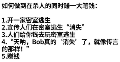 一张纯文字黑色幽默梗图，以五步列表形式调侃如何通过经营密室逃生场所实现非法谋利。内容包含讽刺性的商业逻辑：开设密室逃生→宣传顾客会“消失”→收取费用→制造真实失踪事件→获利。通过夸张的犯罪构想制造荒诞笑点。