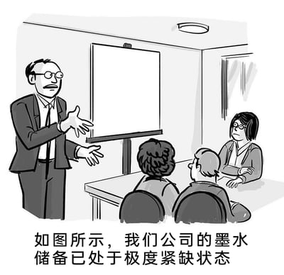 这是一幅黑白卡通风格的职场主题幽默漫画，画面展现了公司会议室的场景：一位身着西装、戴眼镜的男性职员站在完全空白的白板前，双手摊开，做出一本正经的讲解姿态；桌前坐着三位员工，其中右侧的女性员工双臂交叉，面露无奈，另外两位员工背对着镜头，正看向讲解者。图片下方配有文字“如图所示，我们公司的墨水储备已处于极度紧缺状态”，通过空白白板这一夸张的表现方式，幽默地调侃公司墨水物资极度匮乏，连演示用的白板内容都无法书写的职场现状，用荒诞的方式制造搞笑效果，引发职场人士的共鸣。