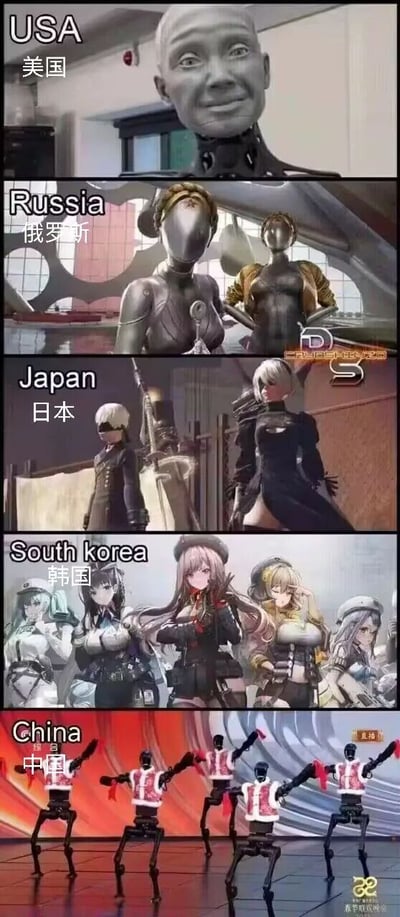 这是一张竖版多图拼接的趣味meme图，共分为五个板块，分别对应美国、俄罗斯、日本、韩国、中国，用具有各国文化或流行符号代表性的机器人/拟人化角色进行玩梗式对比：1. 美国板块：展示一个面部带有诡异人类微笑的类人机器人，造型怪异，给人一种违和的科幻感；2. 俄罗斯板块：选用游戏《原子之心》中的标志性角色“双生舞伶”，这两个金属质感的机器人充满了苏联工业风的硬朗感；3. 日本板块：使用知名游戏《尼尔：机械纪元》中的主角2B和9S，这两个角色是日本科幻游戏中人造人形象的代表；4. 韩国板块：选取了游戏《妮姬：胜利女神》中的二次元美少女角色，这类性感美少女拟人化角色是韩国二次元游戏的典型风格；5. 中国板块：呈现了模仿央视春节联欢晚会舞台的机器人舞蹈场景，机器人穿着带有中国红元素的马甲，在春晚风格的舞台上集体舞蹈，背景带有“直播”和“春节联欢晚会”的标识，对应了春晚曾推出的机器人舞蹈节目，充满本土文化特色。整图通过不同国家的代表性机器人/拟人形象，调侃了各国在机器人、ACGN文化领域的不同风格与大众印象。