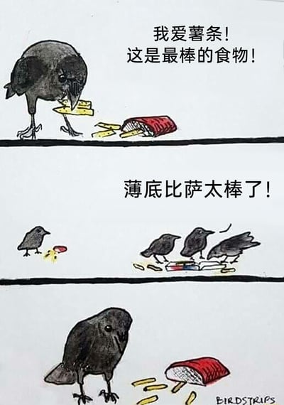 这是一幅三格连环漫画：第一格中，一只大乌鸦正叼着几根类似薯条的食物，配文表达它对“薯条”的喜爱；第二格中，一群小鸟正在啄食薄底披萨的饼底，配文夸赞薄底比萨；第三格中，那只大乌鸦看着打开的薯条盒，里面装的却是薄底披萨的饼底，乌鸦一脸困惑。漫画的笑点在于乌龙认知：乌鸦以为自己吃的是薯条，实际上那是薄底披萨的饼底，而它找到的薯条盒里也被换成了披萨底，形成了有趣的反转。