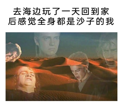 这是一张搞笑生活梗图，顶部配有文字“去海边玩了一天回到家后感觉全身都是沙子的我”，下方是经过P图合成的画面：将《星球大战》中阿纳金·天行者的多个痛苦、烦躁表情的镜头，与沙漠沙丘的画面进行叠加，营造出人物仿佛被沙子淹没的视觉效果，生动又夸张地表现出从海边游玩回家后，身上沾满沙子甩不掉的烦躁、崩溃又无奈的心情，用影视角色的情绪共鸣放大日常小事的体验，十分贴合生活场景，充满搞笑感。